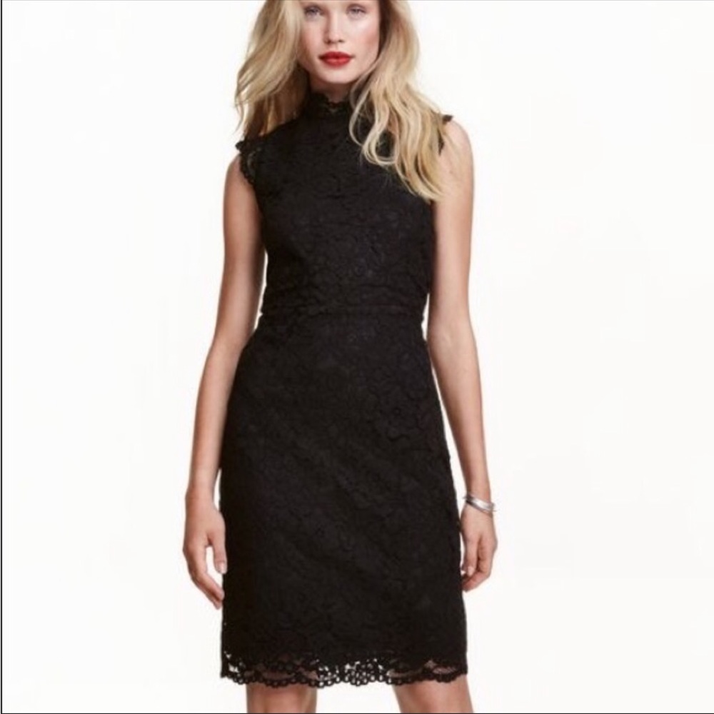 Black lace high neck body con midi dress